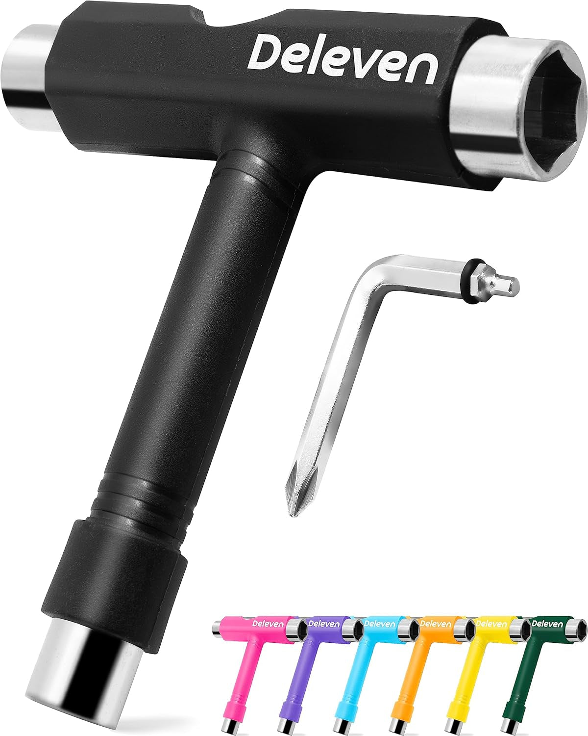 Deleven Skate Tool All-In-One Lightweight Portable Skateboard Tool - T Tool with Allen Wrench, Phillips Head Screwdriver - Adjust Roller Skates, Longboards, Skateboards, Quads, Wheels, Trucks, Kingpin
