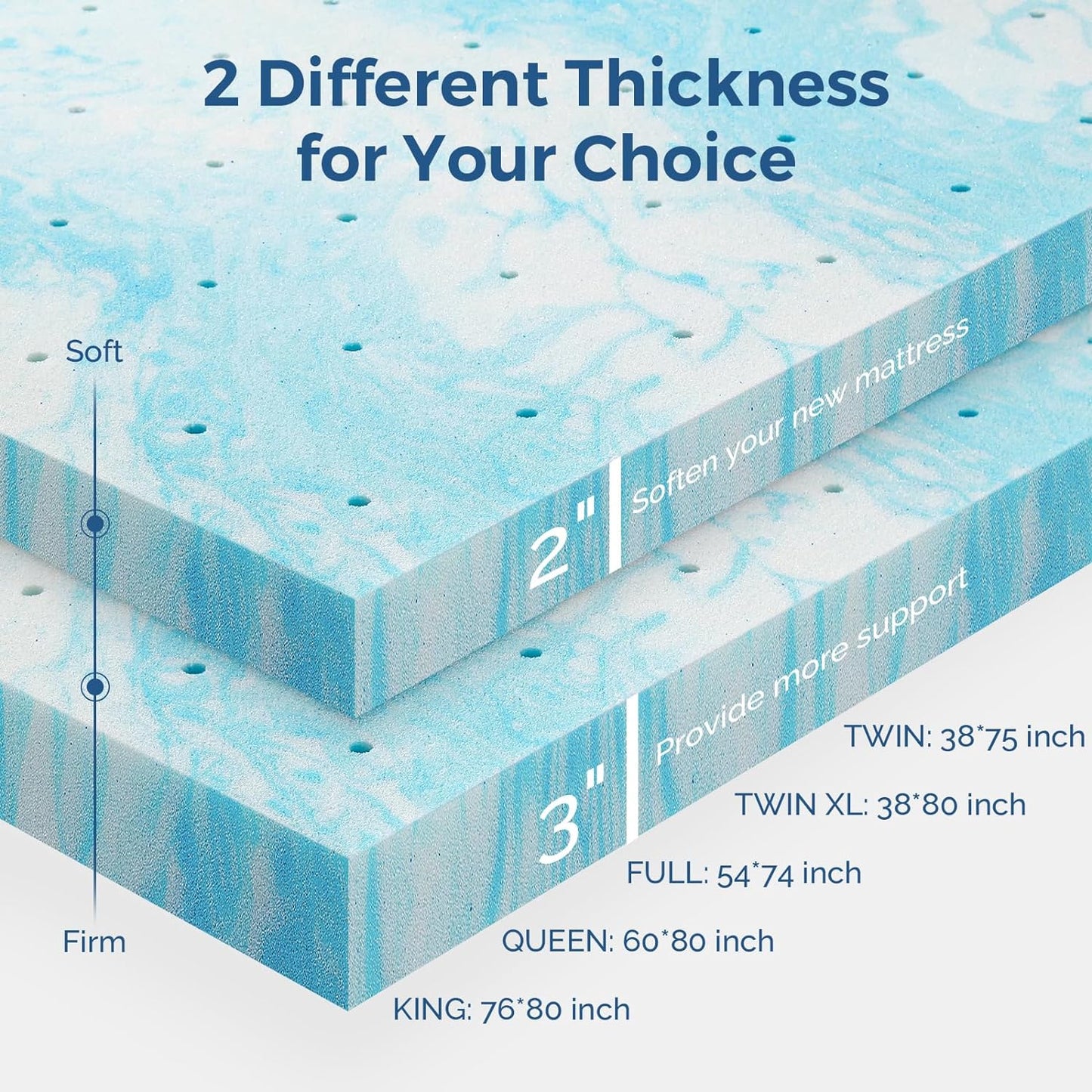 Mattress Topper King, 3 Inch Gel Memory Foam Bed Topper for King Size Bed, Certipur-Us Certified, Blue