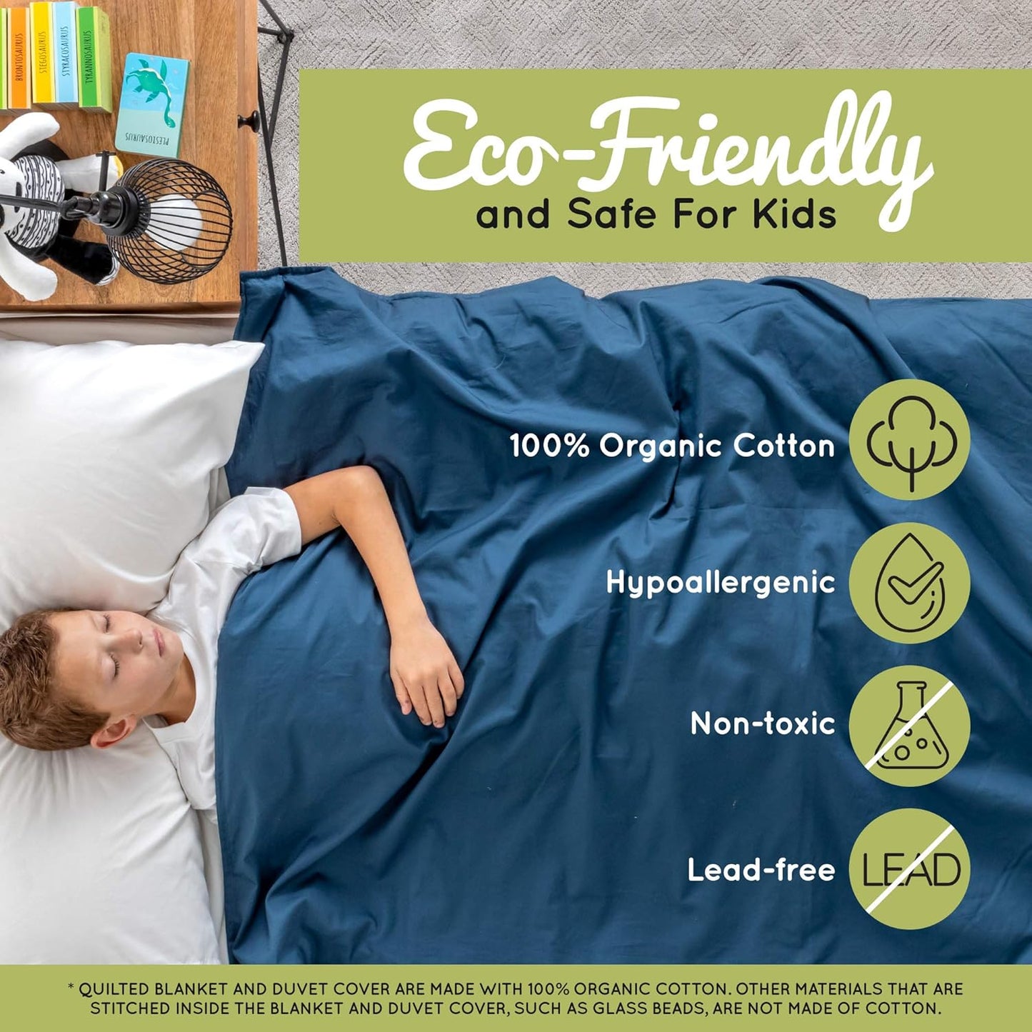 Weighted Blanket for Kids (7 Lbs) - 100% Organic Cotton, Breathable, Quilted Pockets, Glass Beads, for Kids Weighing 60-90 Lbs, 41” X 60”, Twin Size, White Blanket/Navy Duvet