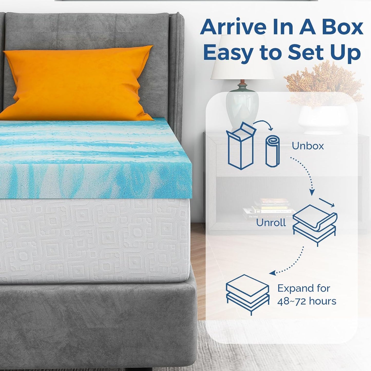 Mattress Topper King, 3 Inch Gel Memory Foam Bed Topper for King Size Bed, Certipur-Us Certified, Blue