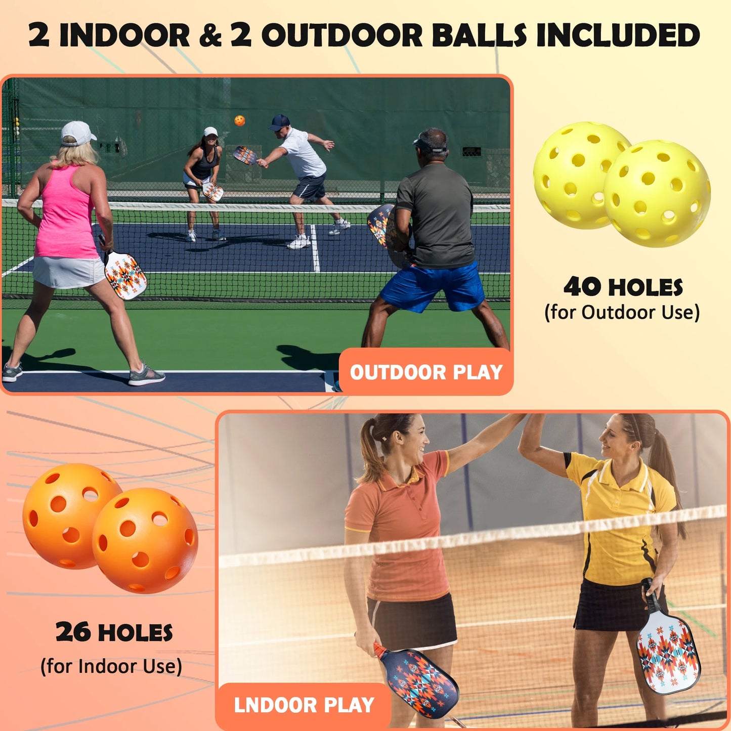Luxmo Pickleball Paddles, Pickleball Paddles Set of 2, Fiberglass Surface Polypropylene Core Lightweight Pickleball Set with 4 Balls and 1 Pickleball Bag