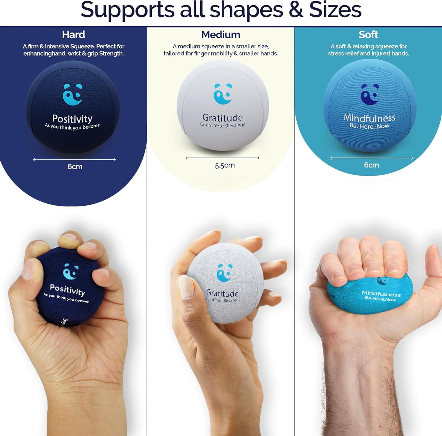 Mind & Body Stress Balls for Adults - Triple Density Squeeze Balls for Hand Therapy & Grip Strengthening - Stress & Anxiety Relief - Physical Therapy Support - Soft, Medium, Hard Gel Core
