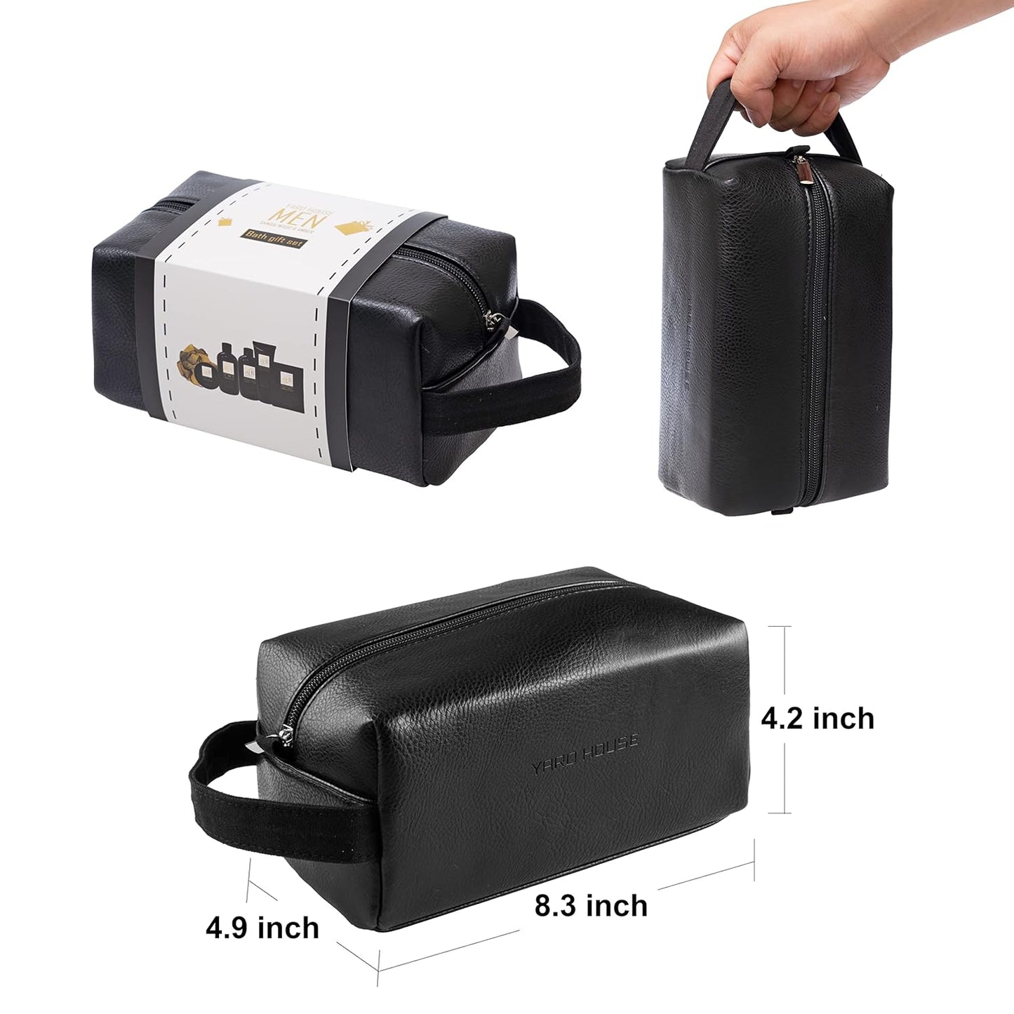 Bath and Body Spa Gift Baskets Set for Men - Sandalwood Amber - 7Pc Spa Kit W. Full Size Items in Leather Toiletry Bag - Christmas Holiday Gifts for Him, Birthday, Fathers Day Gifts Idea