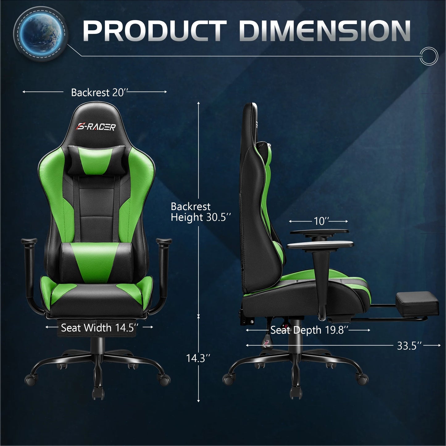 Gaming Chair Massage Office Chair High Back PU Leather Chair with Footrest, Green