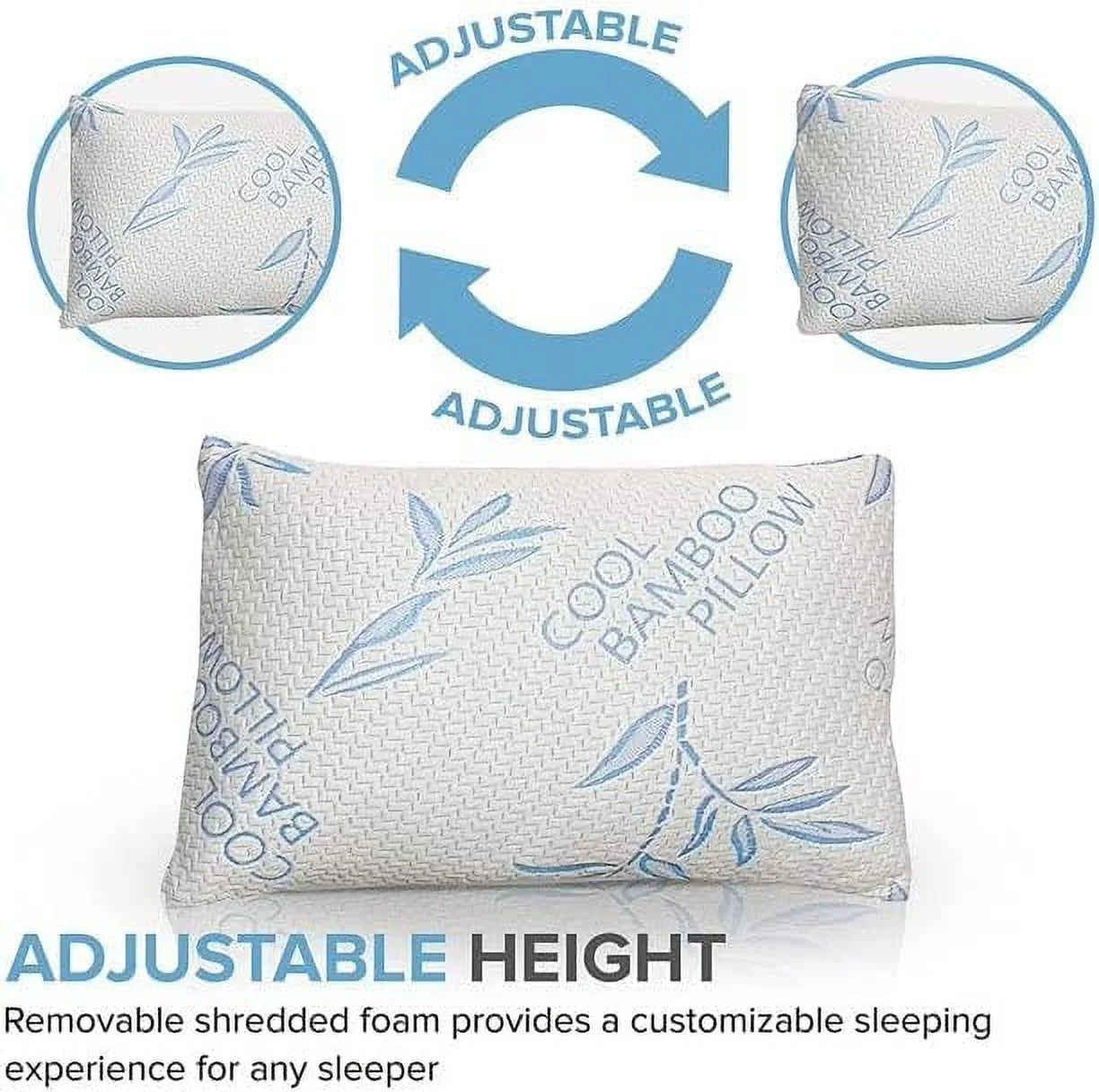 Standard Size Bamboo Pillow for Sleeping - Shredded Memory Foam Adjustable Bamboo Pillow - Hypoallergenic, Removable/Washable Bamboo Cover, Queen Size Sleeping Bed Pillow- 1 Pack