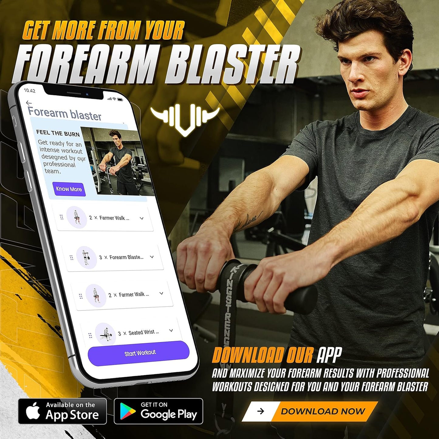 Forearm Blaster- Thick Handle Forearm Strengthener Exercise Equipment. Thick Wrist Roller for Muscle Building and Injury Prevention Hand Grip Strength + V-Strength Workout App