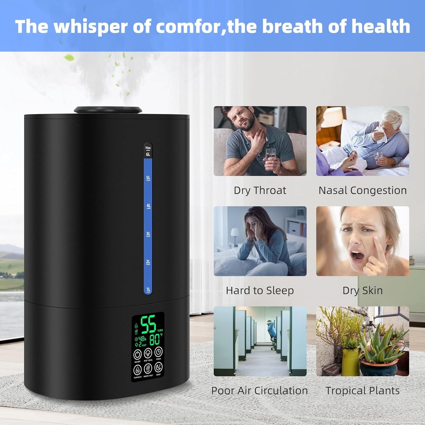 6L Humidifiers for Bedroom Large Room Home, Cool and Warm Humidifiers for Baby and Plants Mist Top Fill Desk Humidifiers Essential Oil Diffuser, Quiet with Adjustable Mist,360°Nozzle-Black