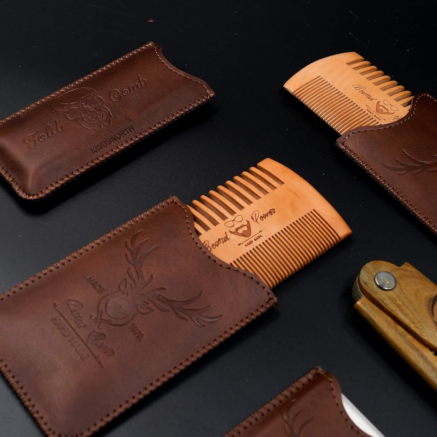 Wooden Comb with Durable Case - Fine & Coarse Teeth, Pocket Comb for Beards, Mustaches & Hair, Brown Deer Design