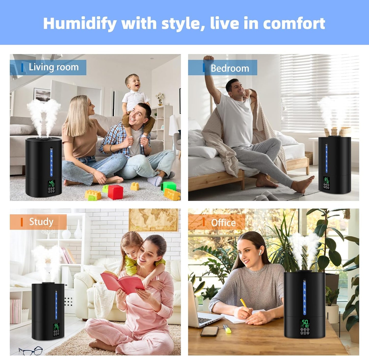 6L Humidifiers for Bedroom Large Room Home, Cool and Warm Humidifiers for Baby and Plants Mist Top Fill Desk Humidifiers Essential Oil Diffuser, Quiet with Adjustable Mist,360°Nozzle-Black