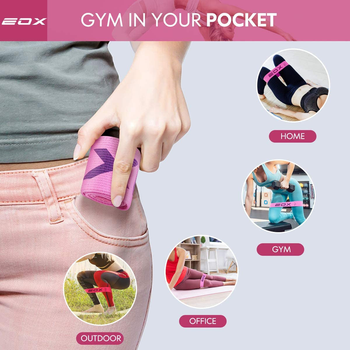 Ultimate Non-Slip Resistance Fabric Loop Bands for Legs & Glutes - 5 Levels of Hip Training (Pink)