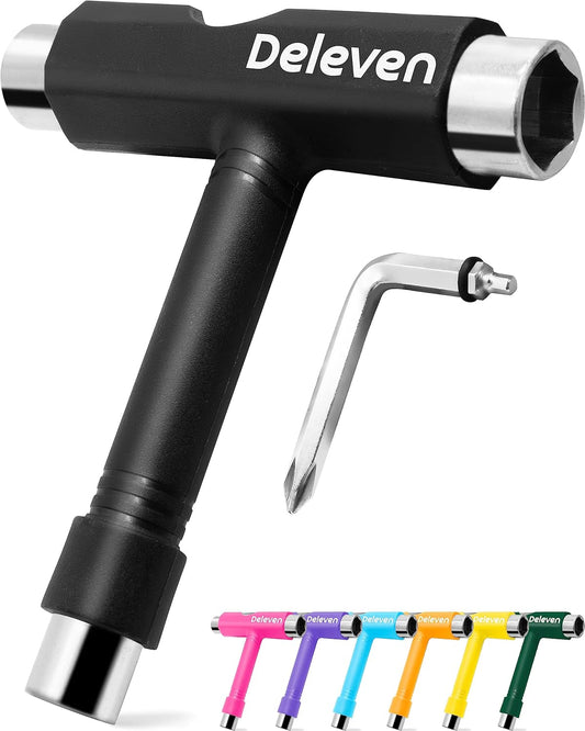 Deleven Skate Tool All-In-One Lightweight Portable Skateboard Tool - T Tool with Allen Wrench, Phillips Head Screwdriver - Adjust Roller Skates, Longboards, Skateboards, Quads, Wheels, Trucks, Kingpin