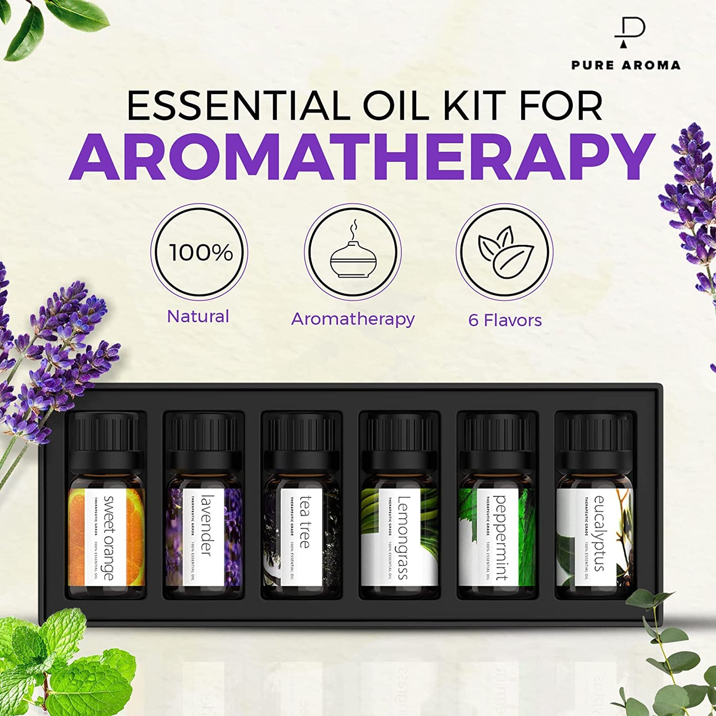 Essential Oils Set  - Top 6 Aromatherapy Oils Gift Set for Diffusers, Home Care, Candel Making Scents, Fragrance -Eucalyptus, Lavender, Lemongrass, Sweet Orange, Peppermint, Tea Tree (10Ml)