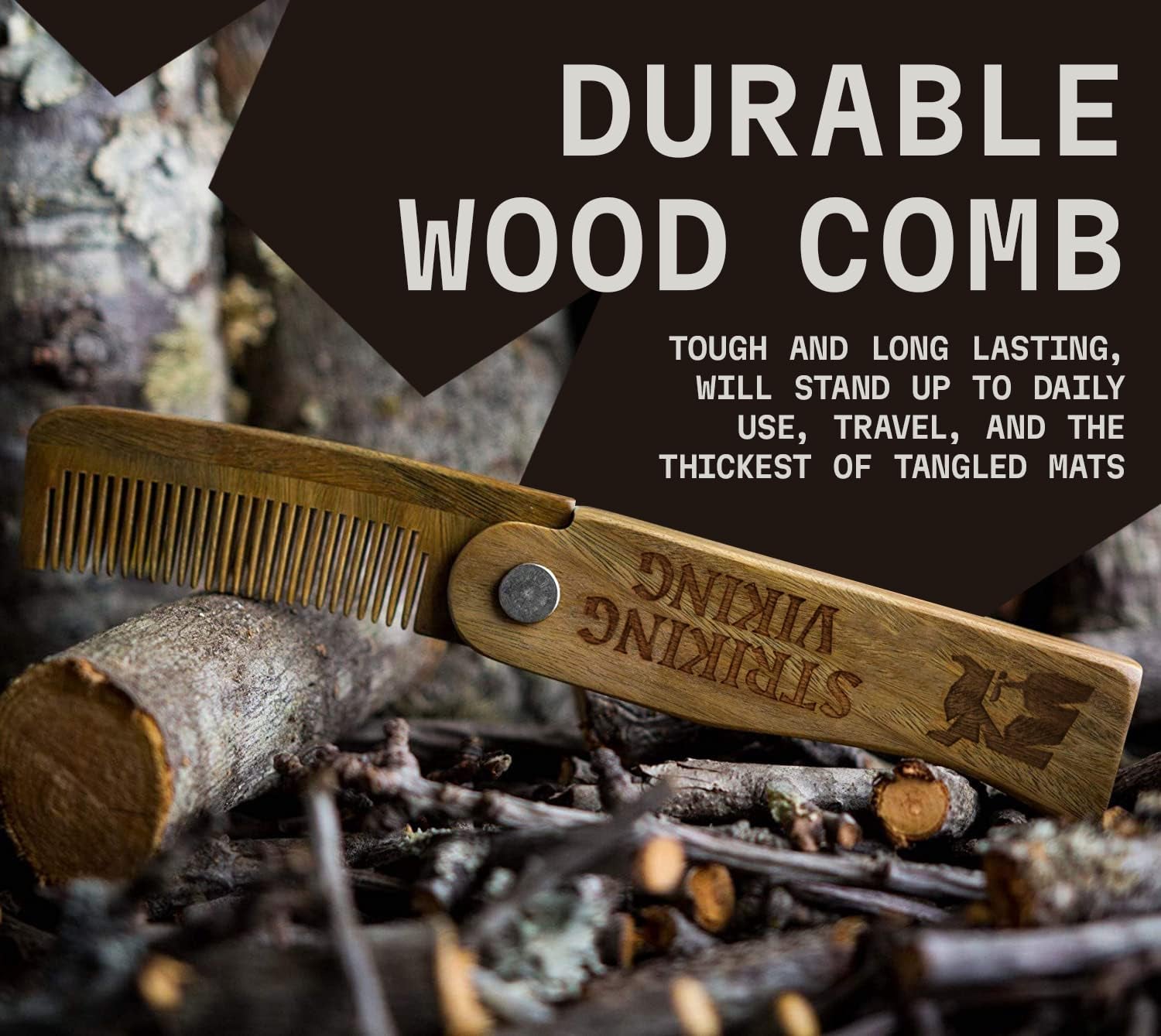 Folding Wooden Comb for Men - Sandalwood Switchblade Beard Comb for Grooming and Styling - Use Dry or with Oils & Balms
