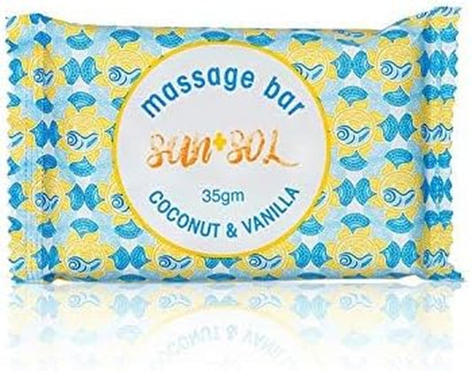 Sun + Sol Bulk Moisturizing Massage Bar with Warm Coconut & Vanilla Fragrances, Sachet Wrapped Travel Size Toiletries