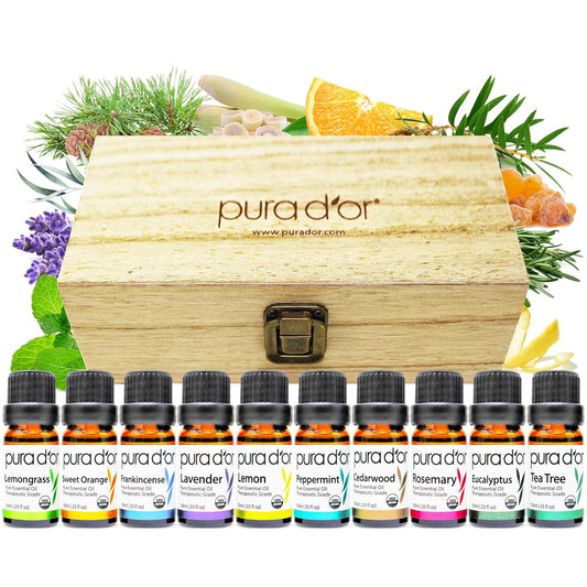 Organic Perfect10 Essential Oils Set - 10X 10Ml Wood Box Aromatherapy Gift Set - 100% Pure Therapeutic Grade for Relaxation and Wellness (Lavender, Peppermint, Eucalyptus, Tea Tree & More)