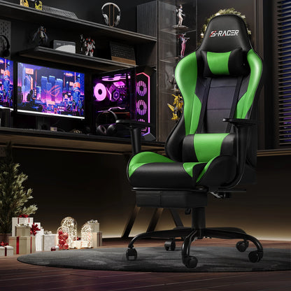 Gaming Chair Massage Office Chair High Back PU Leather Chair with Footrest, Green