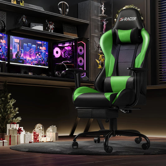 Gaming Chair Massage Office Chair High Back PU Leather Chair with Footrest, Green