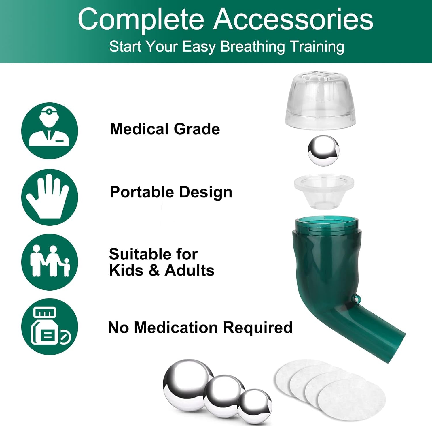 Breathing Exercise Device for Lungs, Lung Expansion and Mucus Relief Device, Portable Expiratory Breathing Exerciser with a Set of Accessories, Breathing Trainer for Lung Cleanse(Green)