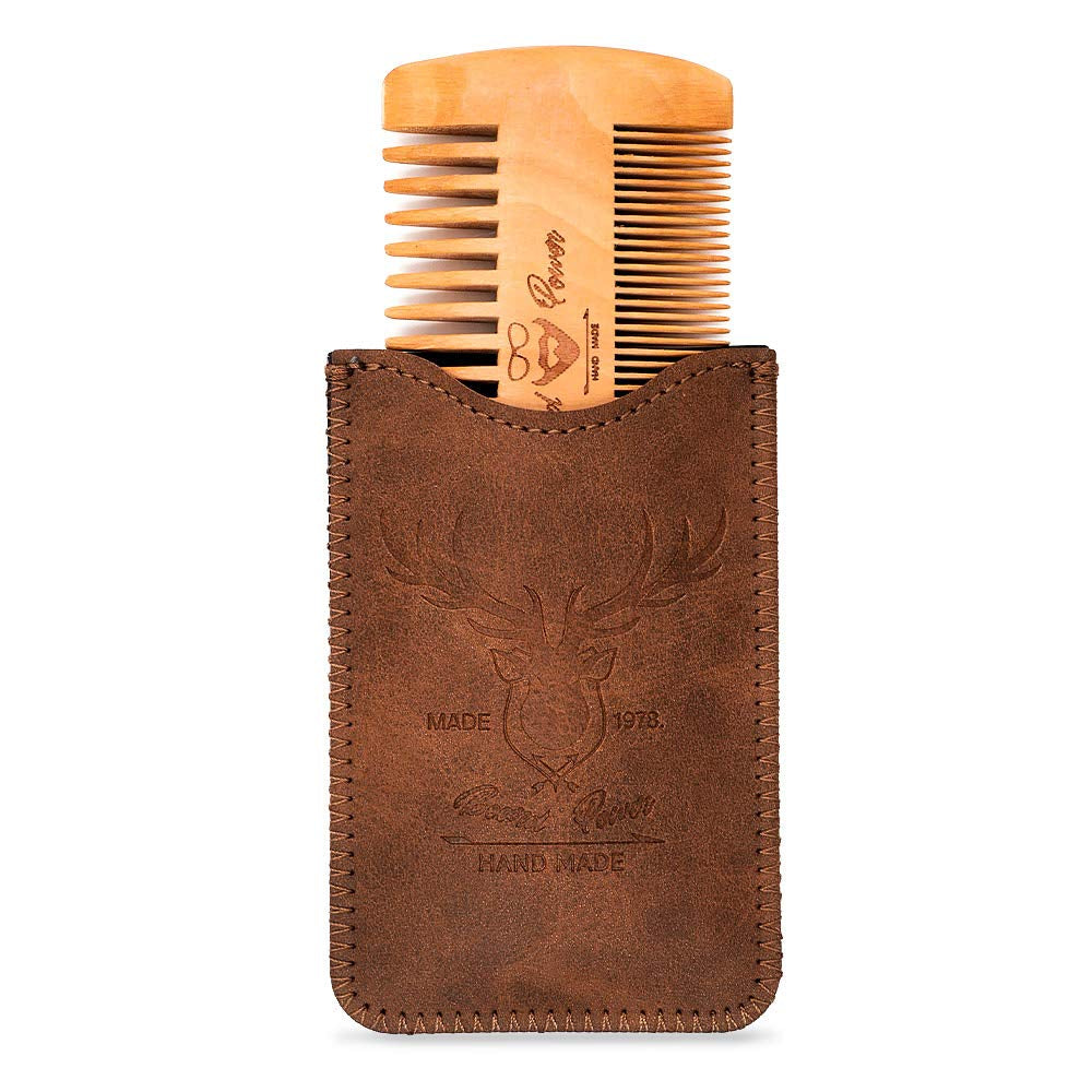 Wooden Comb with Durable Case - Fine & Coarse Teeth, Pocket Comb for Beards, Mustaches & Hair, Brown Deer Design