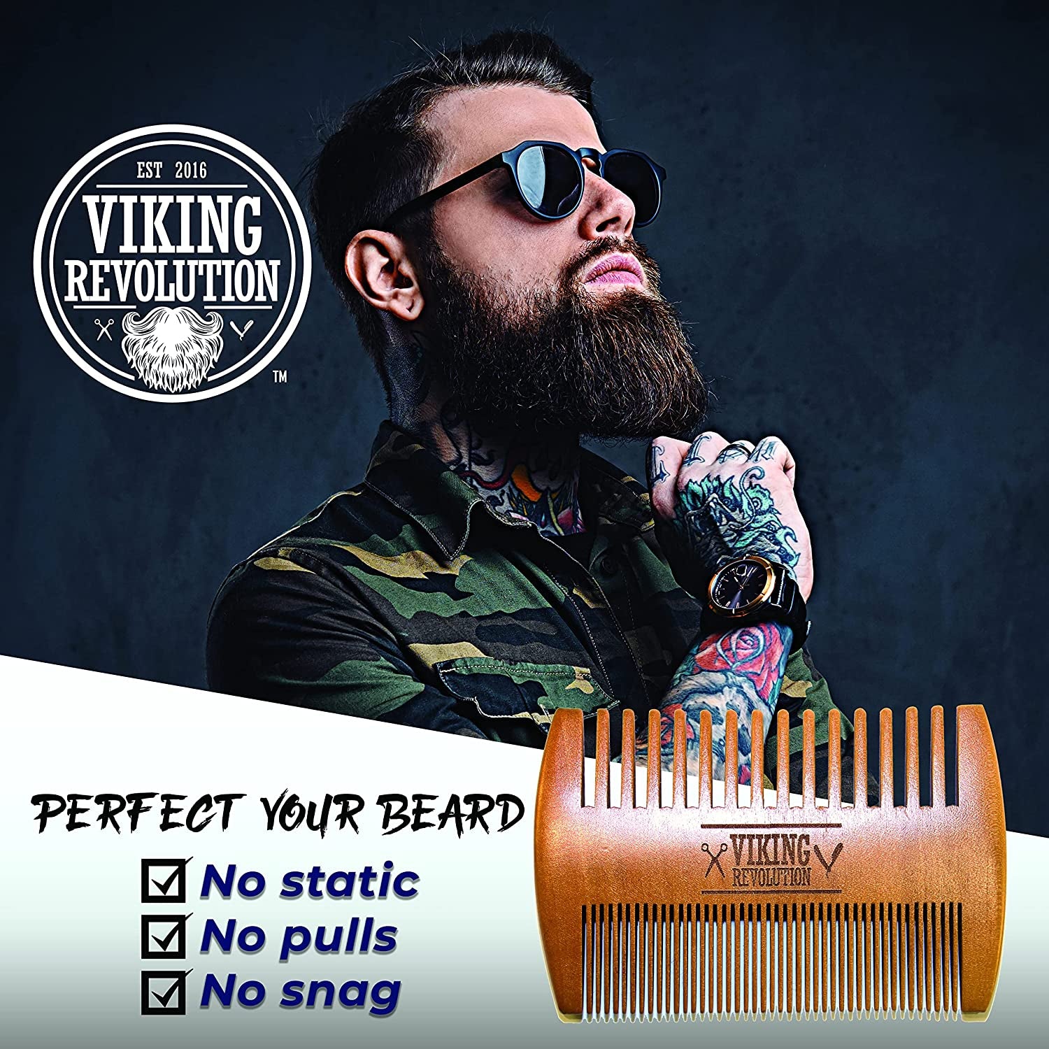 Wooden Beard Comb & Case, Dual Action Fine & Coarse Teeth, Perfect for Use with Balms and Oils, Top Pocket Comb for Beards & Mustaches by