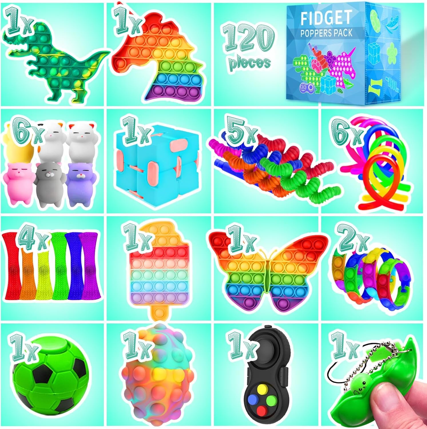 Fidget Toys, 120 Pack Fidgets Set Stocking Stuffers for Kids Party Favors Autism Sensory Toy Bulk Adults Kids Boys Girls Teens Stress Autistic ADHD Anxiety Carnival Treasure Classroom Prizes