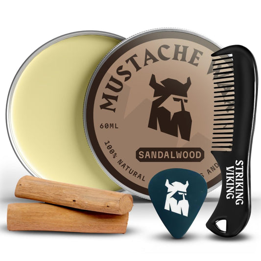 Mustache Wax & Comb Kit - Beard & Moustache Wax for Men with Strong Hold Natural Beeswax - Helps Tame Style & Groom (Sandalwood Scent, 2 Ounce Size) - Mustache Styling Wax - Mens Comb