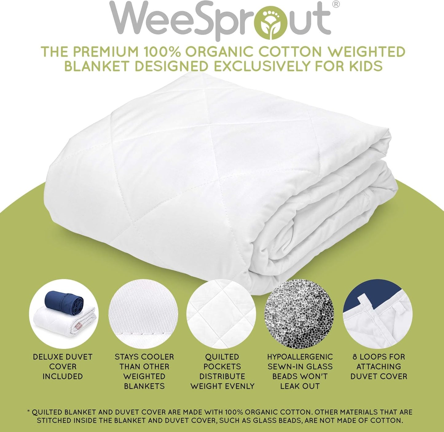 Weighted Blanket for Kids (7 Lbs) - 100% Organic Cotton, Breathable, Quilted Pockets, Glass Beads, for Kids Weighing 60-90 Lbs, 41” X 60”, Twin Size, White Blanket/Navy Duvet