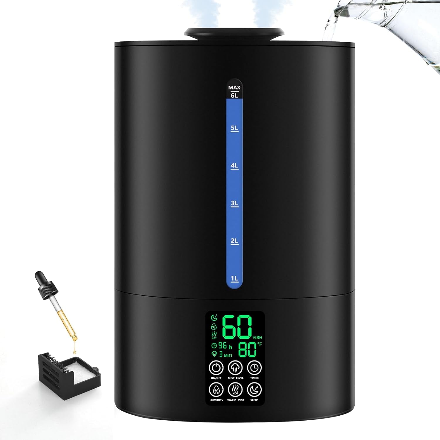 6L Humidifiers for Bedroom Large Room Home, Cool and Warm Humidifiers for Baby and Plants Mist Top Fill Desk Humidifiers Essential Oil Diffuser, Quiet with Adjustable Mist,360°Nozzle-Black