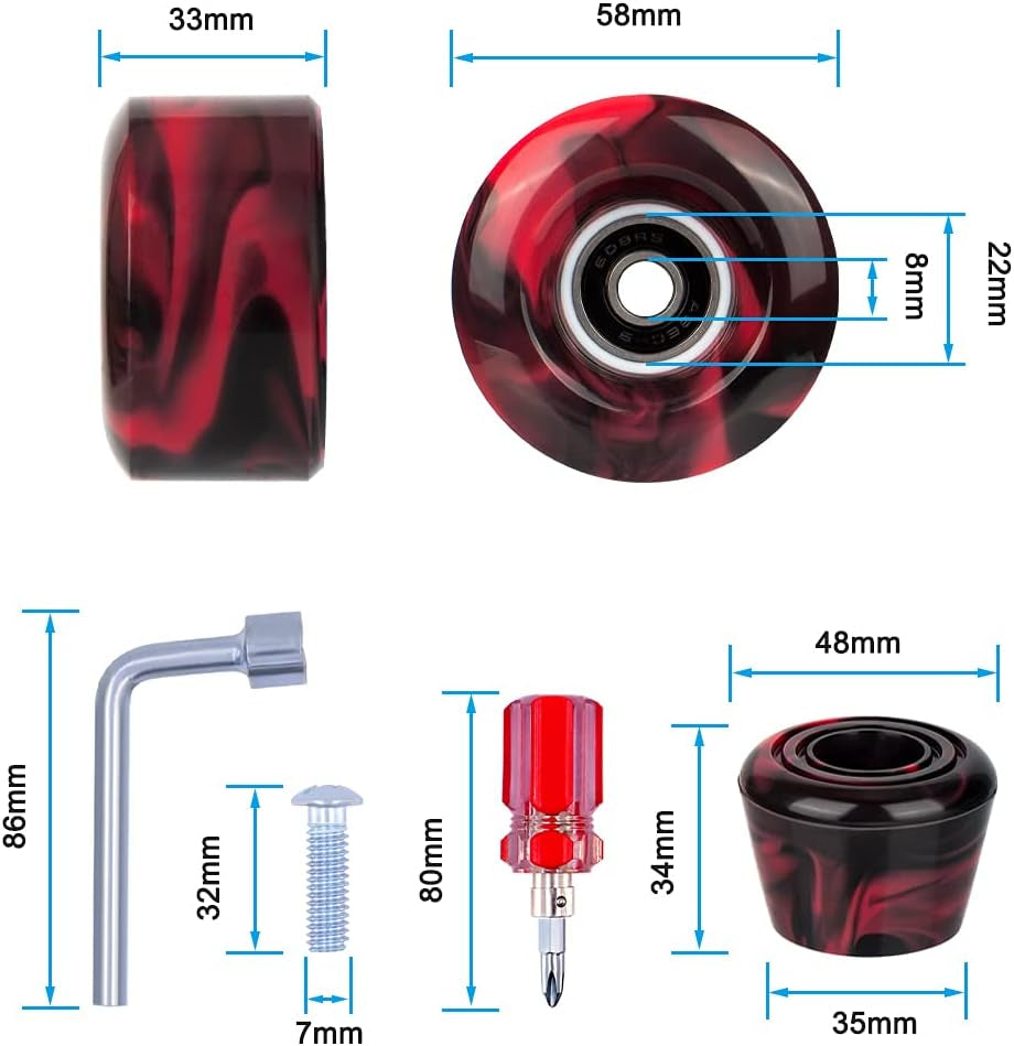 8 Pack Roller Skate Wheels with Bearings Installed and 2 Toe Stoppers for Double Row Skating, Quad Skates and Skateboard Outdoor or Indoor Use, 32Mm X 58Mm 82A