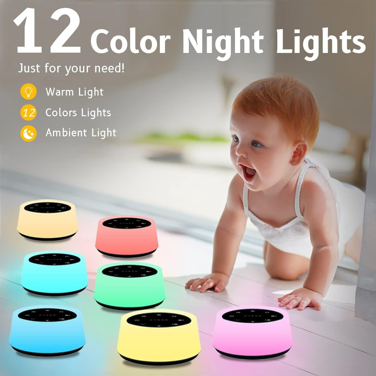 Sound Machine and White Noise Machine with 30 Soothing Sounds with 12 Colors Baby Night Light with Memory Function (Black)