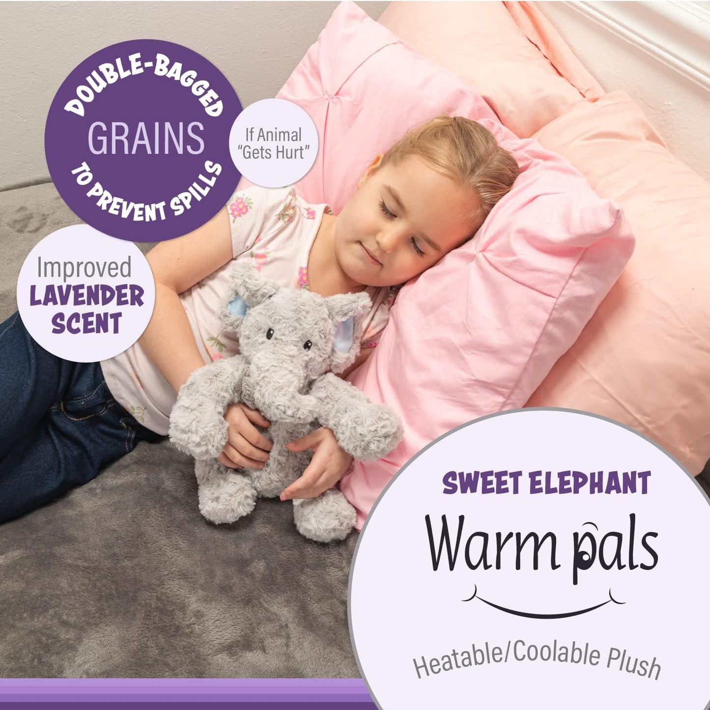 Warm Pals - Sweet Elephant - 1.5Lbs - Cozy Microwavable Lavender Scented Plush Toys - Heated Stuffed Animal - Heatable Coolable Bedtime Comfort Plushie
