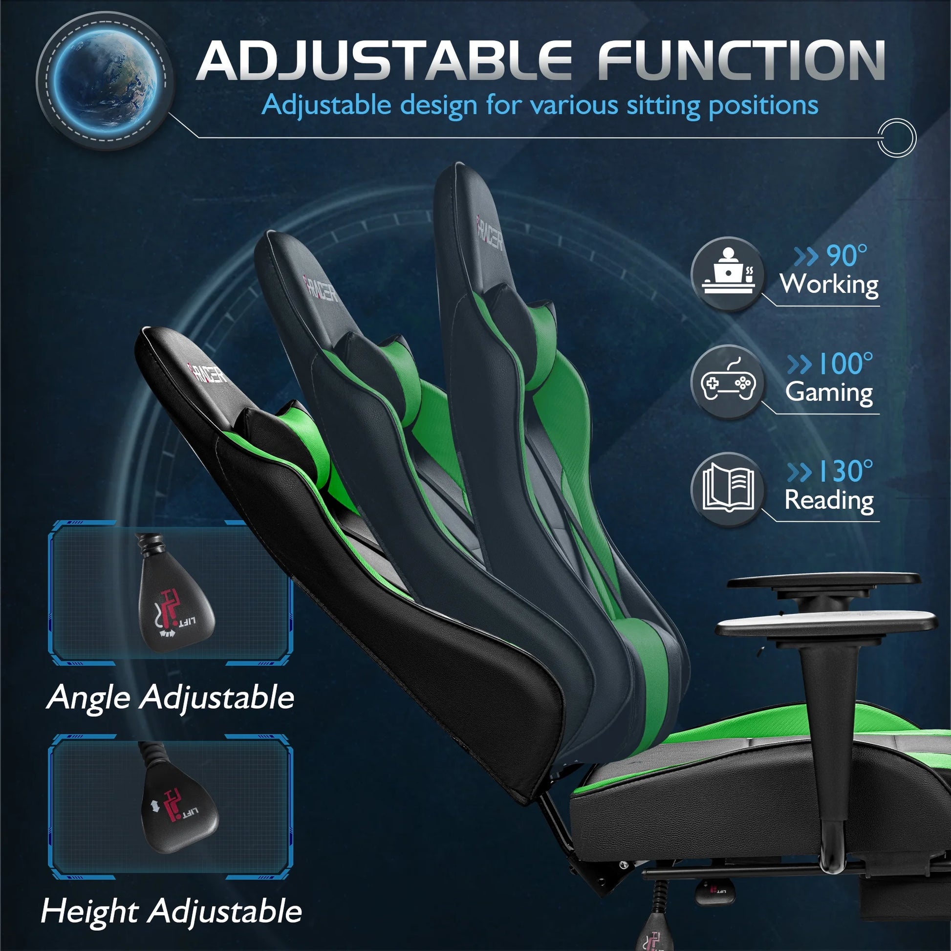 Gaming Chair Massage Office Chair High Back PU Leather Chair with Footrest, Green