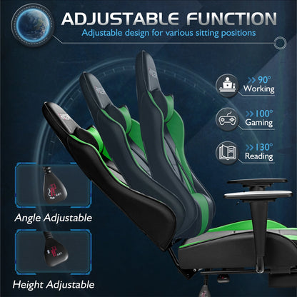 Gaming Chair Massage Office Chair High Back PU Leather Chair with Footrest, Green