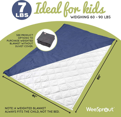 Weighted Blanket for Kids (7 Lbs) - 100% Organic Cotton, Breathable, Quilted Pockets, Glass Beads, for Kids Weighing 60-90 Lbs, 41” X 60”, Twin Size, White Blanket/Navy Duvet