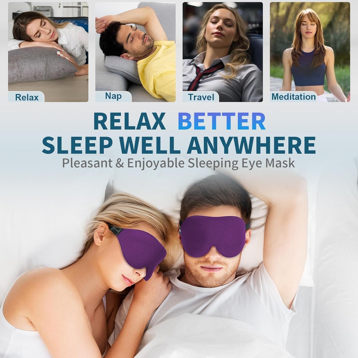 3D Sleep Mask for Side Sleeper, Light Blocking Sleeping Eye Mask for Women Men, Contoured Cup Night Blindfold, Luxury Eye Cover Eye Shade with Adjustable Strap for Travel, Nap, Purple