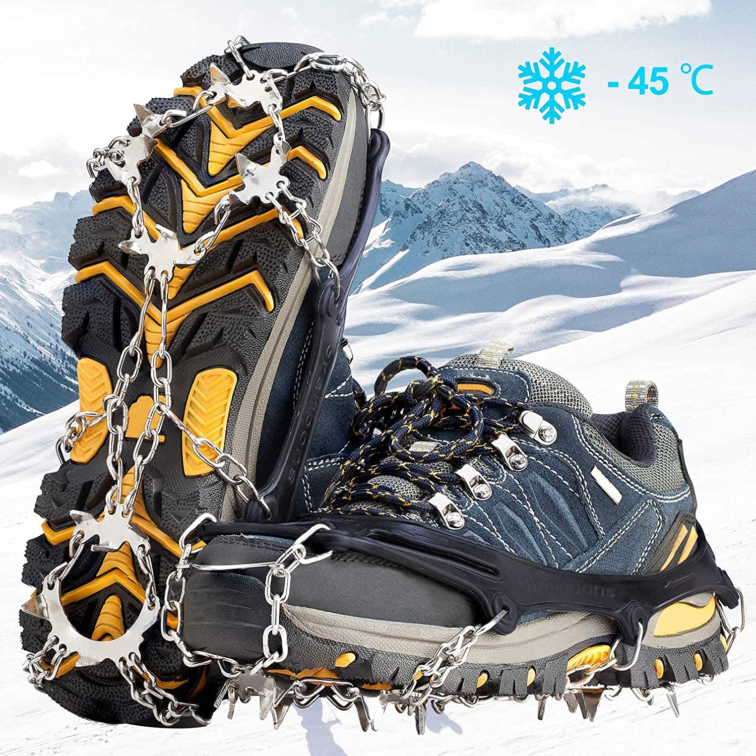 Crampons Ice Cleats Traction Snow Grips for Boots Shoes Women Men anti Slip 19 Stainless Steel Spikes Safe Protect for Hiking Fishing Walking Climbing Mountaineering