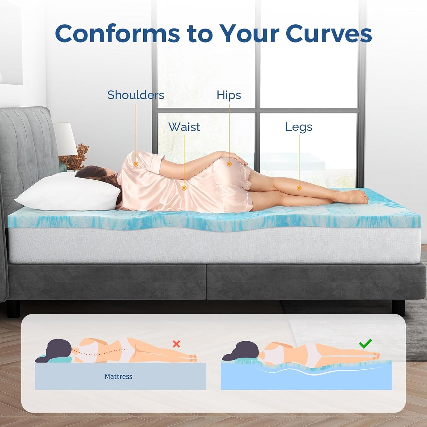 Mattress Topper King, 3 Inch Gel Memory Foam Bed Topper for King Size Bed, Certipur-Us Certified, Blue