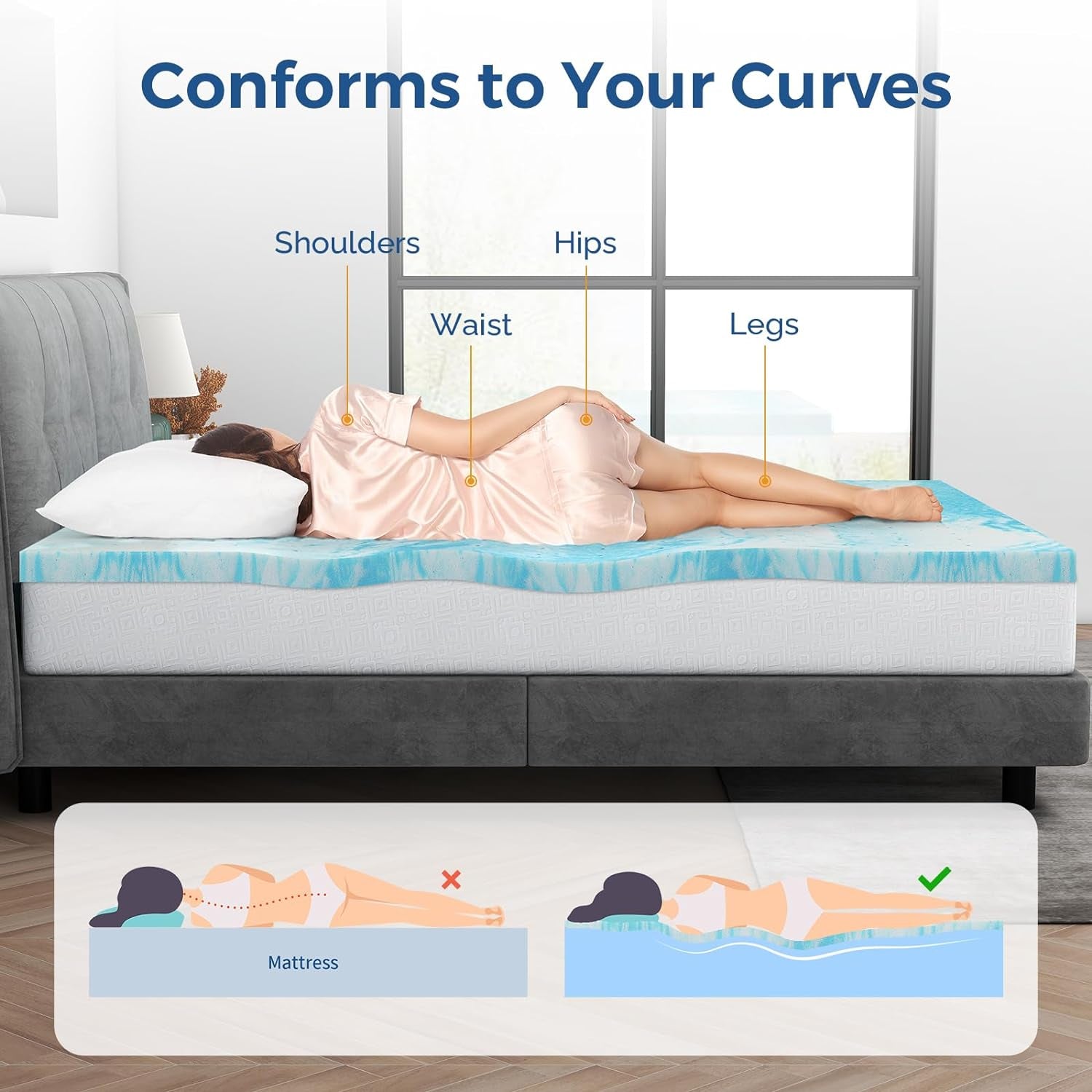 Mattress Topper King, 3 Inch Gel Memory Foam Bed Topper for King Size Bed, Certipur-Us Certified, Blue
