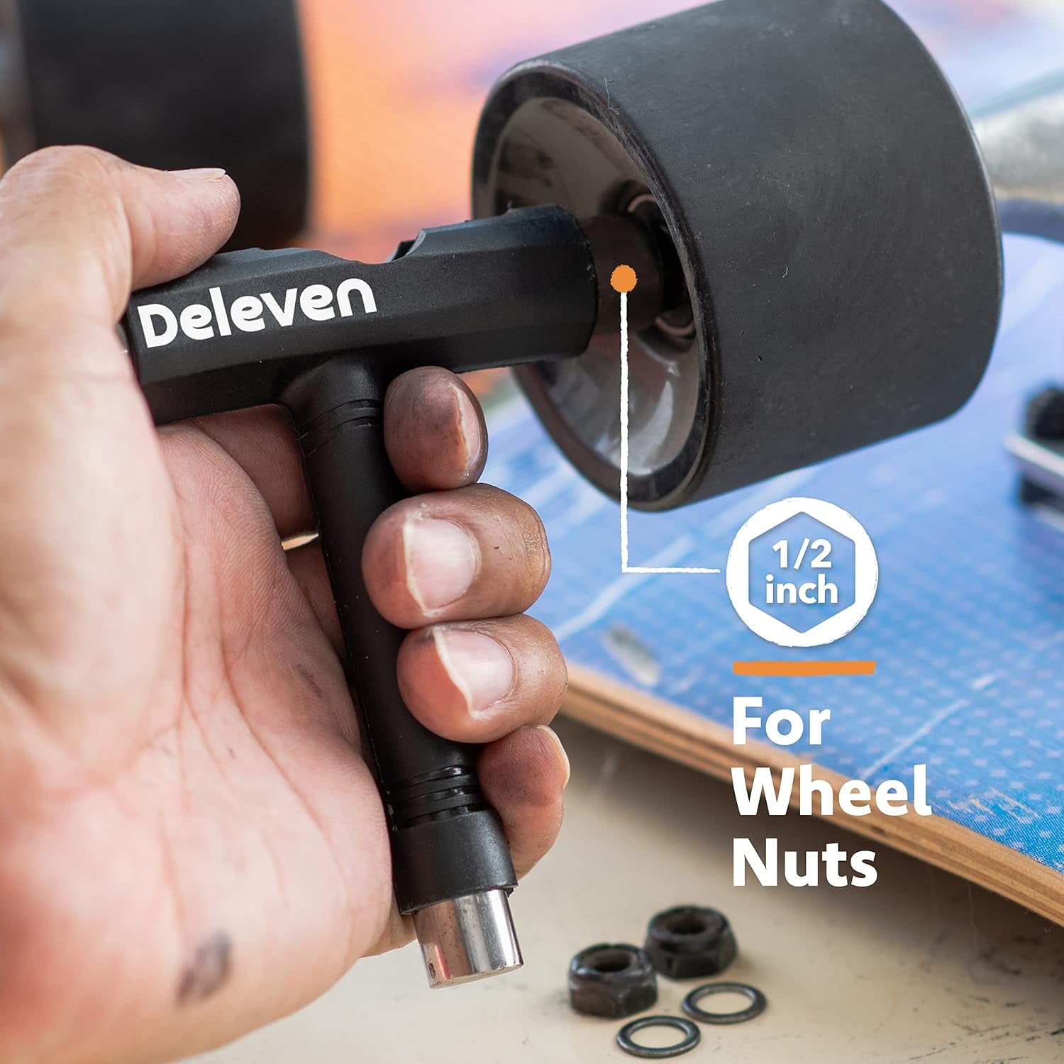 Deleven Skate Tool All-In-One Lightweight Portable Skateboard Tool - T Tool with Allen Wrench, Phillips Head Screwdriver - Adjust Roller Skates, Longboards, Skateboards, Quads, Wheels, Trucks, Kingpin