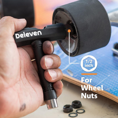 Deleven Skate Tool All-In-One Lightweight Portable Skateboard Tool - T Tool with Allen Wrench, Phillips Head Screwdriver - Adjust Roller Skates, Longboards, Skateboards, Quads, Wheels, Trucks, Kingpin