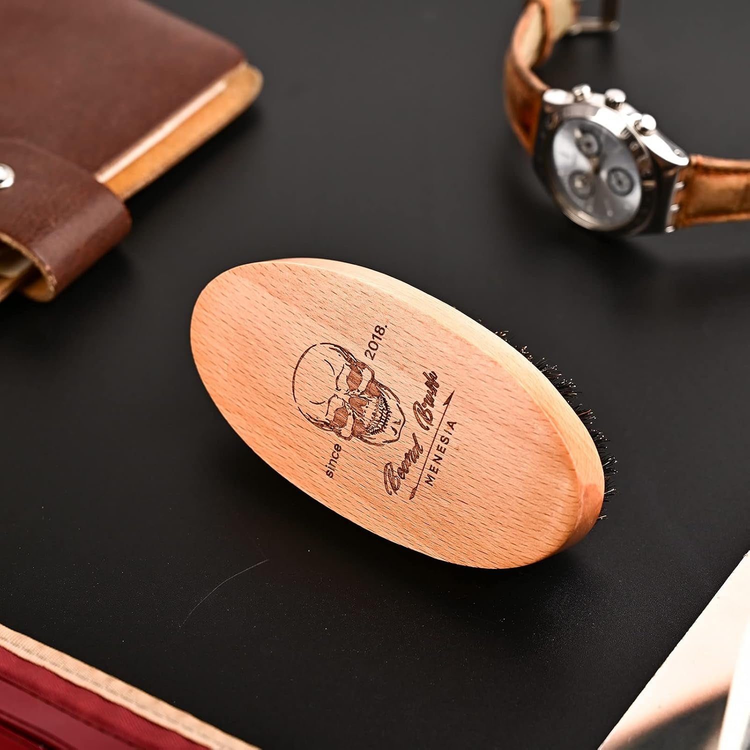 Boar Bristle Hair Beard Brush for Men, Small Soft Beard Brush, Pocket Travel Men'S Wooden Mustache Brush (Skull)