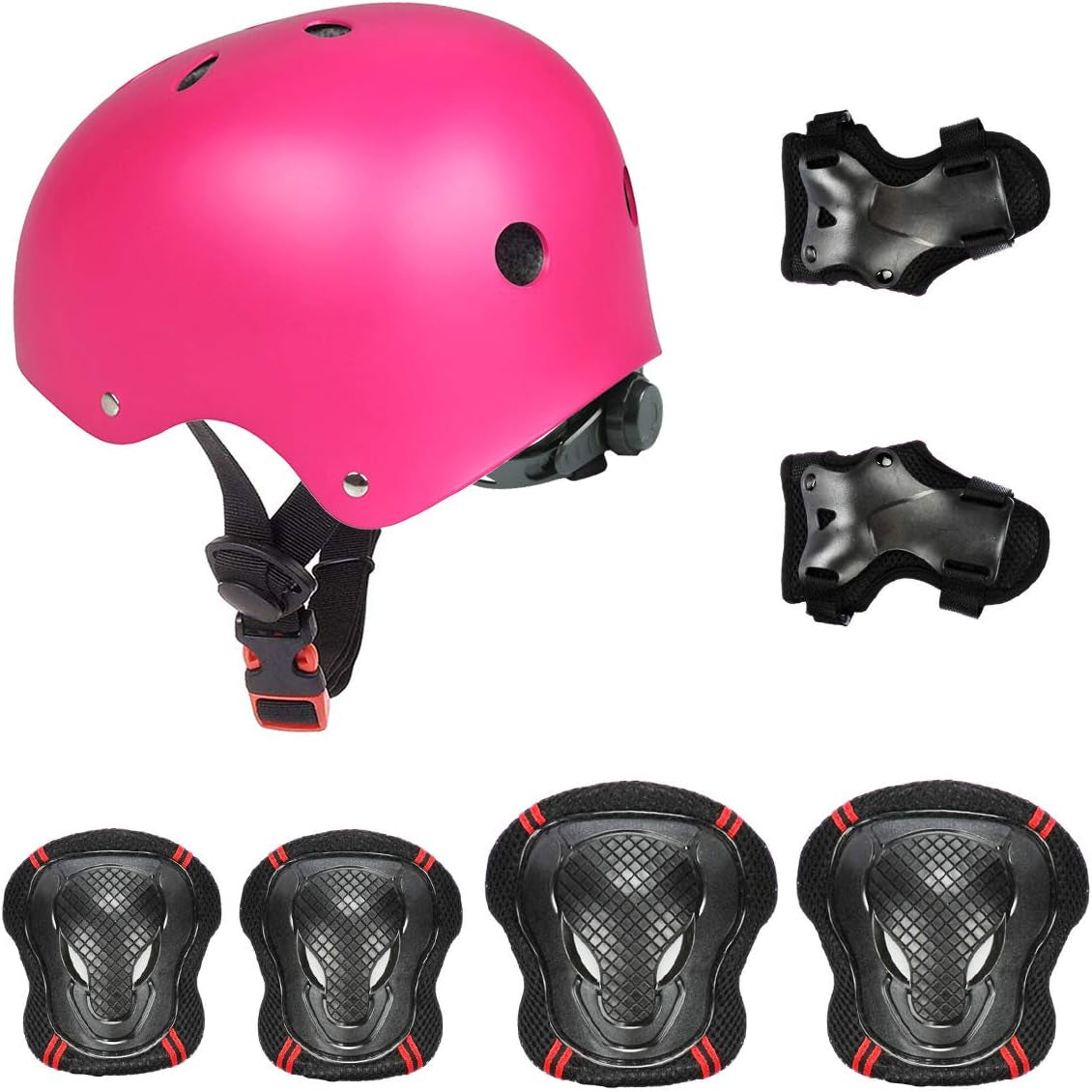 Adjustable Skateboard Skate Helmet with Protective Gear Knee Pads Elbow Pads Wrist Pads for Youth Outdoor Sports, BMX, Skateboard, Scooter, Bike, Roller, Kid'S Protective Gear Set Rose M