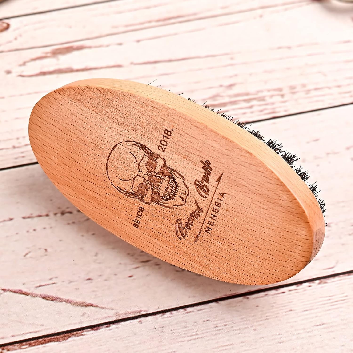 Boar Bristle Hair Beard Brush for Men, Small Soft Beard Brush, Pocket Travel Men'S Wooden Mustache Brush (Skull)