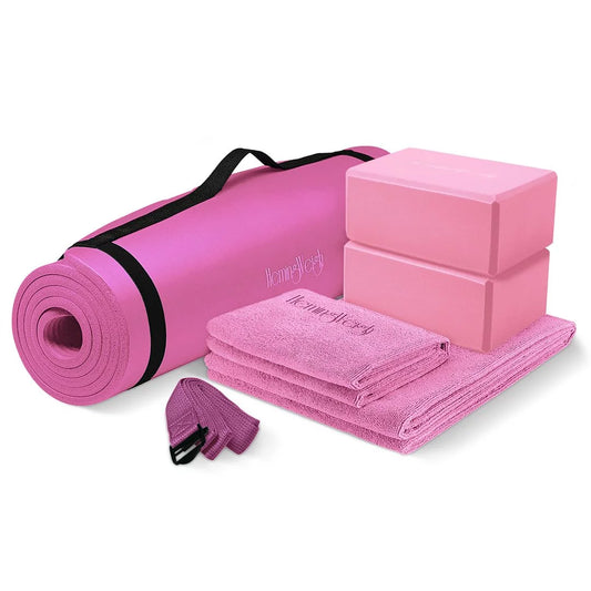 Premium 72" Non-Slip Yoga Mat Set with Blocks, Strap, and Towels - Stylish Pink Design