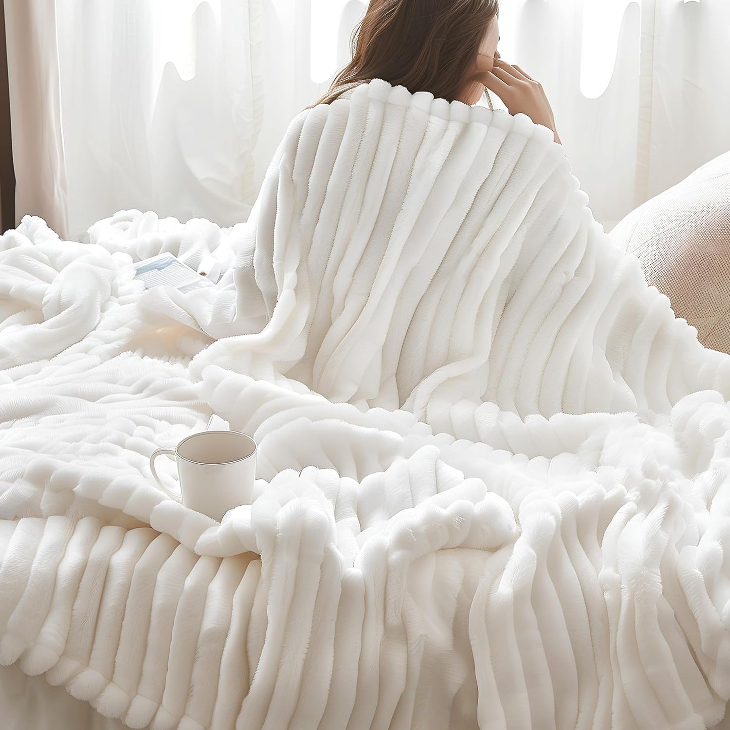King Size Blanket for Bed - Super Soft Cozy Blankets for Women, Cute Large Fleece Blanket for Girls, White, 108X90 Inches