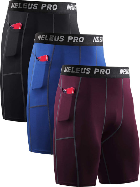 Men'S Compression Short with Pocket Dry Fit Yoga Running Shorts Pack of 3