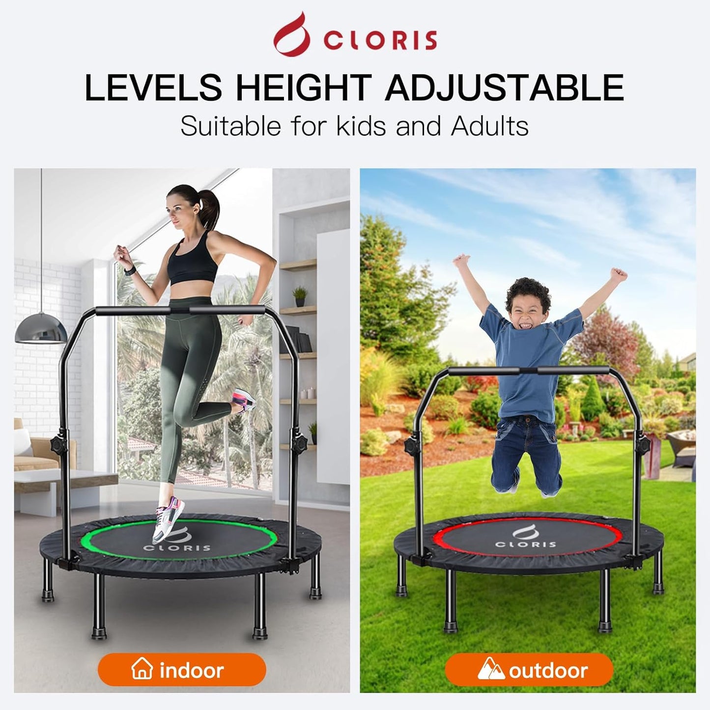Mini Trampoline for Adults Kids, Cardio Exercise Trampoline, Thick Steel Spring Fitness Workout Rebounder Trampoline Indoor Outdoor 5 Height Adjust Load 500Lbs