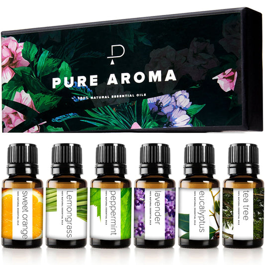 Essential Oils Set  - Top 6 Aromatherapy Oils Gift Set for Diffusers, Home Care, Candel Making Scents, Fragrance -Eucalyptus, Lavender, Lemongrass, Sweet Orange, Peppermint, Tea Tree (10Ml)