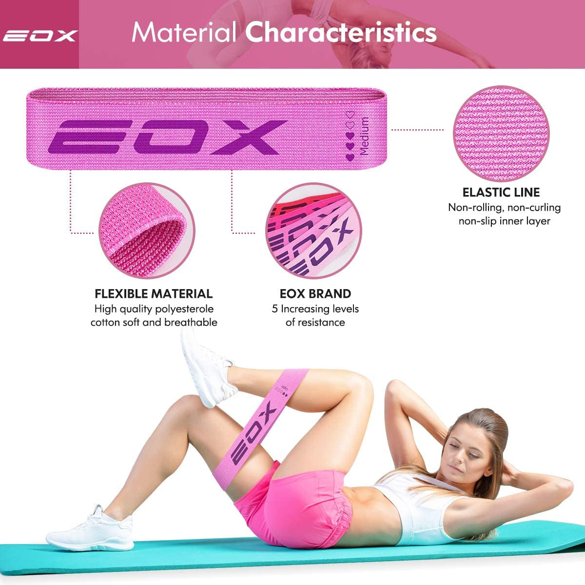 Ultimate Non-Slip Resistance Fabric Loop Bands for Legs & Glutes - 5 Levels of Hip Training (Pink)