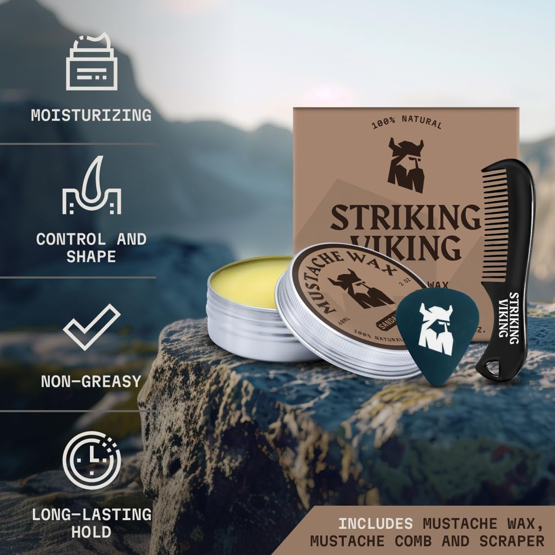 Mustache Wax & Comb Kit - Beard & Moustache Wax for Men with Strong Hold Natural Beeswax - Helps Tame Style & Groom (Sandalwood Scent, 2 Ounce Size) - Mustache Styling Wax - Mens Comb
